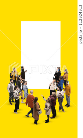 Contemporary art collage. Young small people, students and workers stands in front of white figure with copy space. 112924913