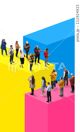 Contemporary art collage. People, men and women standing on colorful, vibrant blocks, symbolizing data or population growth. 112924915