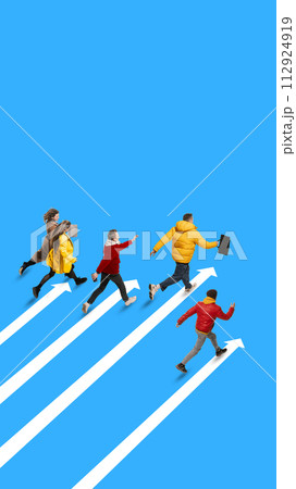 Contemporary art collage. Men and women, students workers running following direction on white arrow path against blue background. Contemporary art collage. Men and women, students workers running following direction on white arrow path against blue background. 112924919