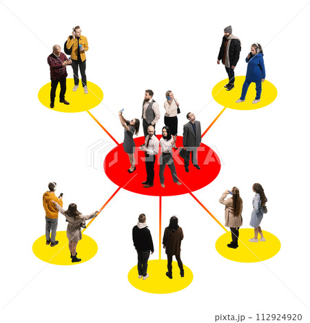 Contemporary art collage. Small people stands on colorful points and working in team. Connection in working process. Contemporary art collage. Small people stands on colorful points and working in team. Connection in working process. 112924920