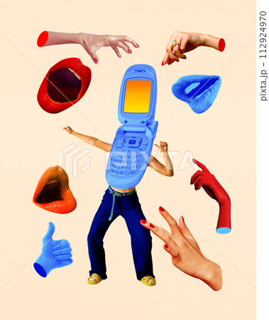 Woman in casual clothes with retro phone body dancing around hands and mouth floating around. Contemporary art collage Woman in casual clothes with retro phone body dancing around hands and mouth floating around. Contemporary art collage 112924970