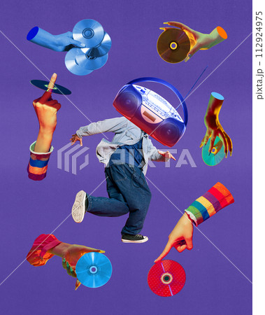 Hipster party. Man in casual clothes with audio player in head dancing around human hands with cd disks. Contemporary art collage Hipster party. Man in casual clothes with audio player in head dancing around human hands with cd disks. Contemporary art collage 112924975