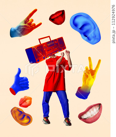 Young girl in casual clothes with boombox on head dancing around hands, eyes and mouth around. Party time. Contemporary art collage 112924976