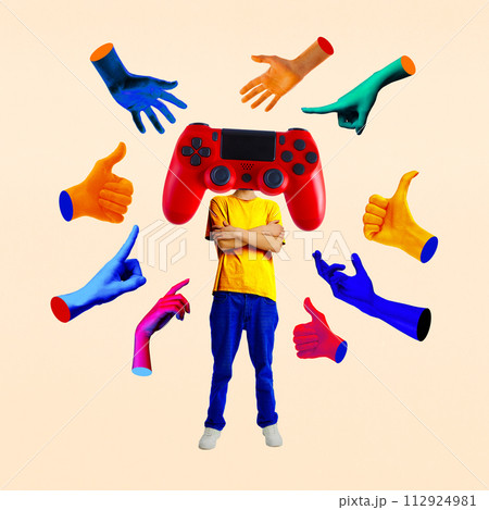 Man headed with video game controller around many multicolored hands. Contemporary art collage. Gaming industry Man headed with video game controller around many multicolored hands. Contemporary art collage. Gaming industry 112924981