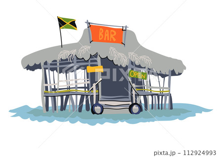 Wooden bar under a roof made of palm branches. Cafe in the Caribbean Sea near the island of Jamaica. Tropical style beach bar for relaxation and relaxation. Vector in flat style. 112924993