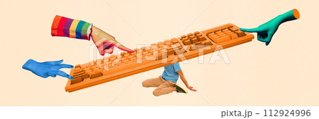 Deadline. Man sitting on floor under retro keyboard and hands pointing. Unfinished tasks and overworking. Contemporary art collage Deadline. Man sitting on floor under retro keyboard and hands pointing. Unfinished tasks and overworking. Contemporary art collage 112924996
