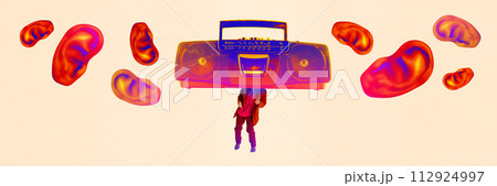 Surreal image of person with boombox head, ears floating around, retro and abstract concept. Contemporary art collage 112924997