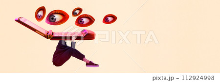 Young woman using retro mobile phone around many eyes watching. Social media followers. Contemporary art collage Young woman using retro mobile phone around many eyes watching. Social media followers. Contemporary art collage 112924998