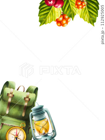 Watercolor frame, postcard with illlustrations of hiking, camping backpack, gold vintage marine compass, cloudberry, autumn leaves and oil kerosene lantern. Template for designers, travel business 112925005