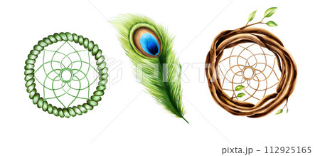 Marker illustration of ethnic wooden dream catcher pendant, wreath of twigs with spring leaves and peacock feather in watercolor style. Hand painted holder isolated on white background. Clip art for Marker illustration of ethnic wooden dream catcher pendant, wreath of twigs with spring leaves and peacock feather in watercolor style. Hand painted holder isolated on white background. Clip art for 112925165