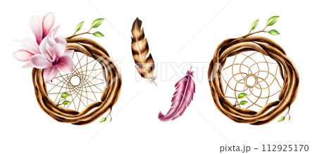 Marker separated illustration of ethnic wooden wicker wreath dreamcatcher of twigs with spring leaves and pink magnolia flowers, feathers in watercolor style. Hand painted holder isolated on white 112925170