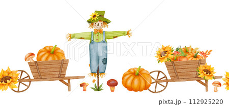 Seamless watercolor border with scarecrow, sunflower and pumpkin isolated on white. Autumn decor. Fall repeat composition 112925220
