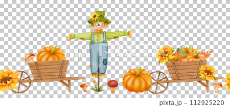 Seamless watercolor border with scarecrow, sunflower and pumpkin isolated on white. Autumn decor. Fall repeat composition 112925220