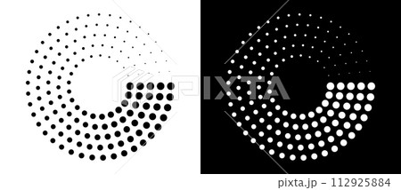 Modern abstract background. Halftone dots in circle form. Spiral logo, icon or design element. Black dots on a white background and white dots on the black side. 112925884