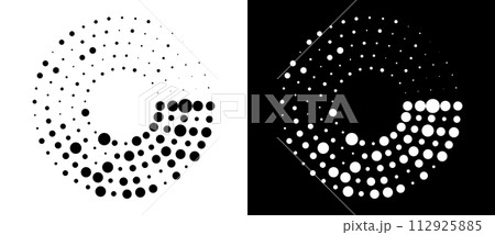 Modern abstract background. Halftone dots in circle form. Spiral logo, icon or design element. Black dots on a white background and white dots on the black side. 112925885