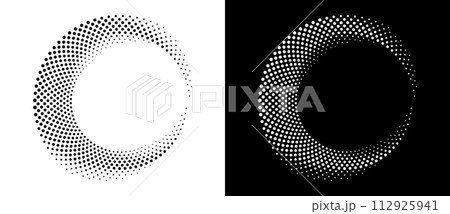 Modern abstract background. Halftone dots in circle form. Spiral logo, icon or design element. Black dots on a white background and white dots on the black side. 112925941