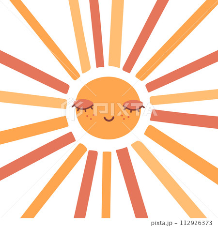 Cute hand drawn sun with closed eyes. Scandinavian style decoration for kids room. Vector illustration Cute hand drawn sun with closed eyes. Scandinavian style decoration for kids room. Vector illustration 112926373
