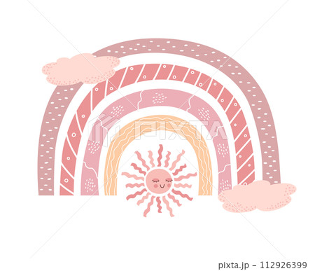 Hand drawn trendy rainbow decorated with sun. Scandinavian rainbow. Cute decoration in pastel colors. Vector illustration 112926399