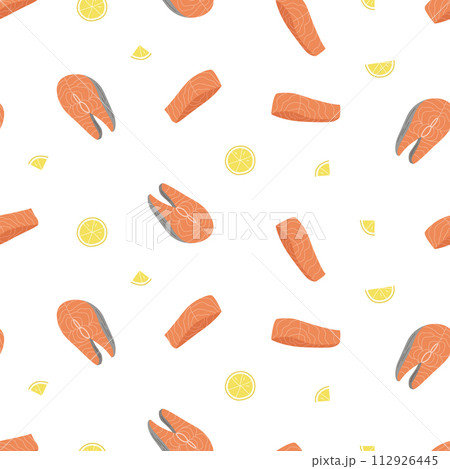 Fish steak seamless pattern. Vector illustration of grilled red fish with sauce and lemon. Healthy eating background. 112926445