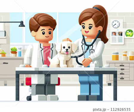 A veterinarian doctor examines a dog in his medical office. Animal treatment, veterinary clinic in the style of a children's construction set 112926535