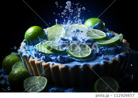 A vibrant blue tart topped with lime slices rests on a black surface 112926657