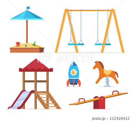 Children's entertainment playground elements. Slide, benches, a sandbox, a swing and a recreation park, toys. Place children games. Vector illustration. Children's entertainment playground elements. Slide, benches, a sandbox, a swing and a recreation park, toys. Place children games. Vector illustration. 112926912