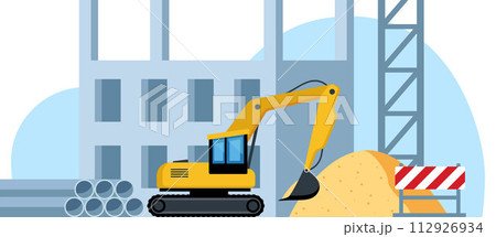 Building work process. Excavator, sand pile, warning sign. Construction equipment. City landscape on background. Vector illustration. Building work process. Excavator, sand pile, warning sign. Construction equipment. City landscape on background. Vector illustration. 112926934