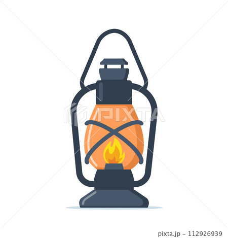 Old kerosene or oil vintage lantern with burning wick and holder. Camping or mine illumination. Old style lighting equipment. Vector illustration. 112926939