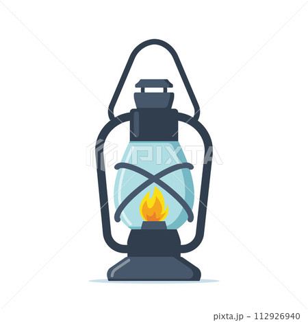 Old kerosene or oil vintage lantern with burning wick and holder. Camping or mine illumination. Old style lighting equipment. Vector illustration. Old kerosene or oil vintage lantern with burning wick and holder. Camping or mine illumination. Old style lighting equipment. Vector illustration. 112926940