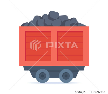 Mine coal trolley. Wagon transporting pile coal. Mining industry equipment. Underground minerals extraction. Construction and building transportation vehicle. Vector illustration. 112926983