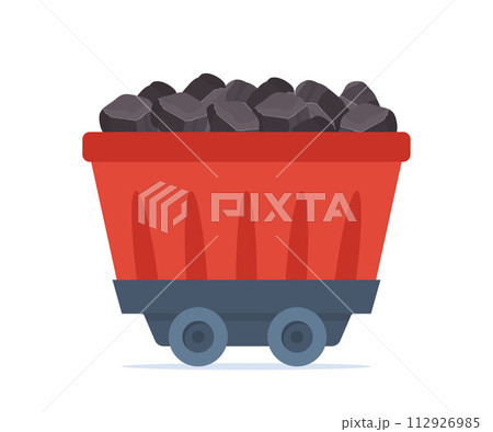 Mine coal trolley. Wagon transporting pile coal. Mining industry equipment. Underground minerals extraction. Construction and building transportation vehicle. Vector illustration. 112926985
