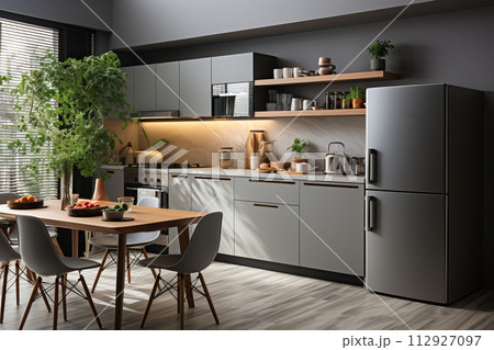 Gray kitchen, comfortable and modernized studio kitchen. Gray kitchen, comfortable and modernized studio kitchen. 112927097
