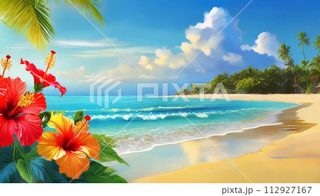 南国のビーチとハイビスカスの花　南国イメージ 112927167