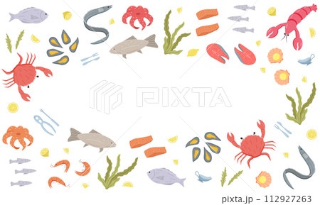 Seafood icons elements in color. Vector illustration of seafood and sea cuisine. Seafood icons elements in color. Vector illustration of seafood and sea cuisine. 112927263