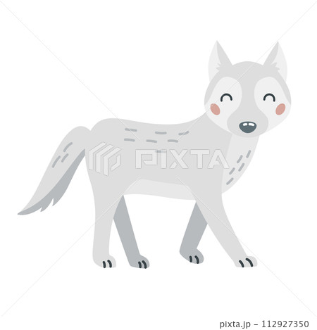 Cute cartoon hand drawn white wolf on isolated white background. Character of the polar, arctic, tundra, forest animals for the logo, mascot, design. Vector illustration 112927350