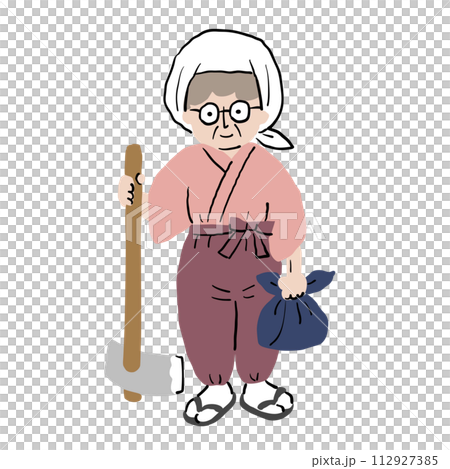 An old woman wearing Monpe clothes and going to work in the field 112927385