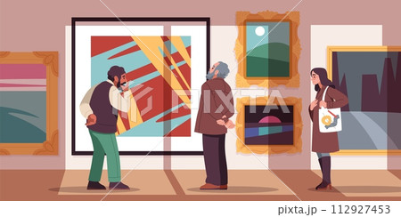 Art gallery visitors. Modern art connoisseurs view paintings in contemporary exhibition hall, abstractionism museum, rich frames, cartoon flat style isolated illustration, tidy vector concept 112927453