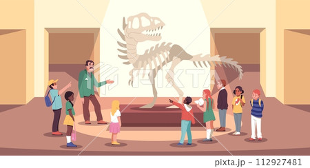 Kids group in exhibition hall. Guide tells children about tyrannosaurus rex, dinosaur museum, extinct animal skeleton. Historical artefact and scull cartoon flat isolated tidy vector concept 112927481