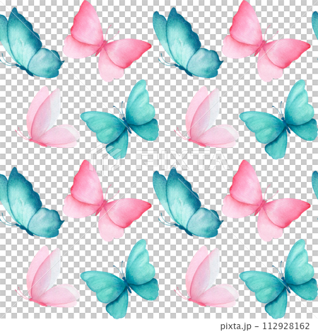 Watercolor seamless pattern with illustration of delicate pink and turquoise butterflies. Handmade, isolated 112928162