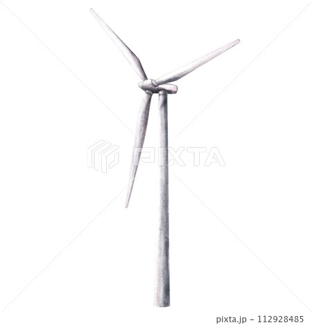 Watercolor eco wind turbine, windmills. Hand drawn illustration. For ecology theme, alternative renewable energy, environmental protection for print, sticker logo Isolated clipart on white background 112928485