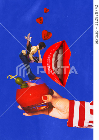 Poster. Contemporary art collage. Hand holds glass of Bloody Mary and couple in retro attire dancing on the edge of cocktail glass. Poster. Contemporary art collage. Hand holds glass of Bloody Mary and couple in retro attire dancing on the edge of cocktail glass. 112928742