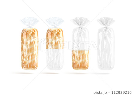 Blank bread in white transparent cellophane pack mockup, no gravity Blank bread in white transparent cellophane pack mockup, no gravity 112929216