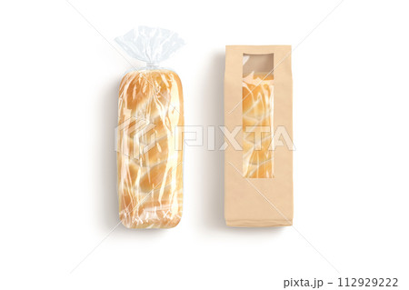 Blank transparent cellophane and craft paper bread pack mockup, isolated Blank transparent cellophane and craft paper bread pack mockup, isolated 112929222
