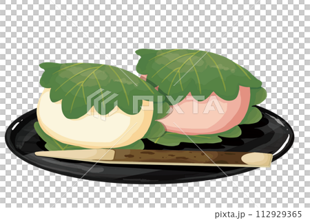 Two white and pink Kashiwamochi on a tray, sweets cut out 112929365