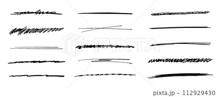 strikethrough underlines, set brush stroke, marker lines grunge curve, wvy free hand marks textured simple borders isolated on white background. Creative collection scribble brush or crayon checks 112929430