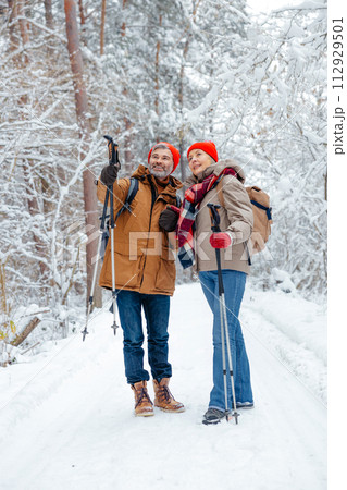 Two people with backpacks and scandinavian sticks in a forest Two people with backpacks and scandinavian sticks in a forest 112929501