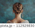 AI-generated content. Back view portrait of young beautiful woman with blonde hair and braid hairstyle natural style AI-generated content. Back view portrait of young beautiful woman with blonde hair and braid hairstyle natural style 112929830