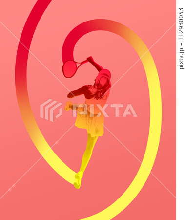 Poster. Contemporary art collage. Aerial view of silhouette of with lines symbolizing movement against vibrant background. 112930053