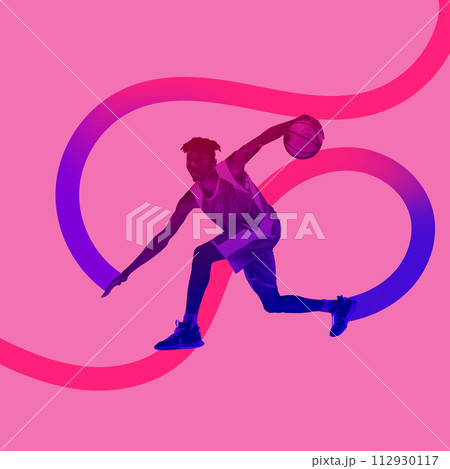 Poster. Contemporary art collage. Silhouette of basketball player dribbling in motion with lines symbolizing movement against vibrant background. 112930117