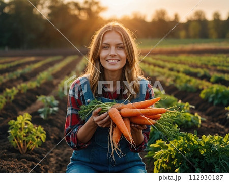 Happy young woman farmer holding fresh beautiful orange carrots growing in fertile soil on farm bed Happy young woman farmer holding fresh beautiful orange carrots growing in fertile soil on farm bed 112930187